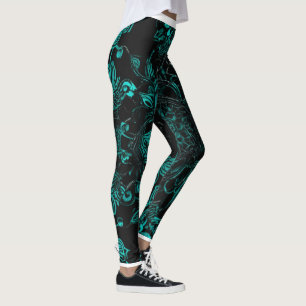 "Turquoise Essence on Black: Stylish Screen Print" Leggings