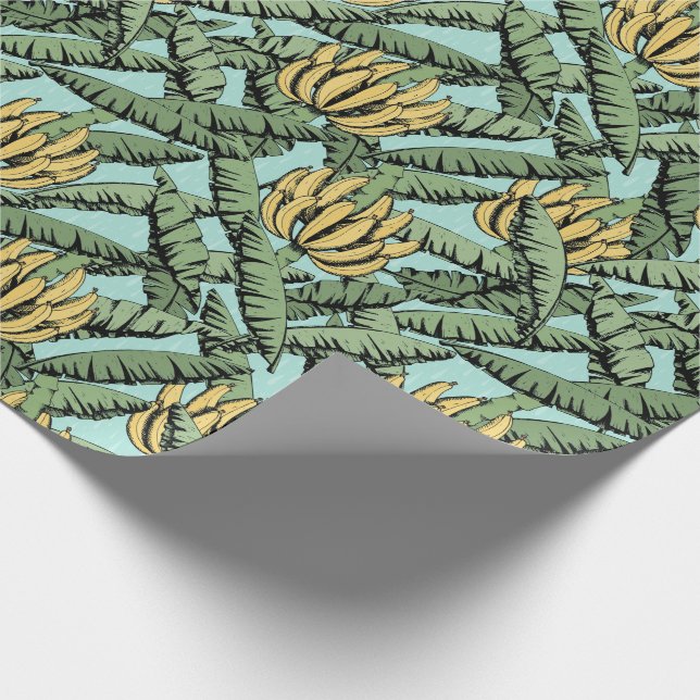 Turquoise Exotic Yellow Bananas and Leaves Wrapping Paper (Corner)