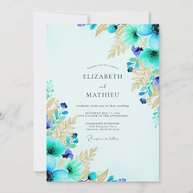 Turquoise Exuberant Botanical Wedding Invitation (Front)