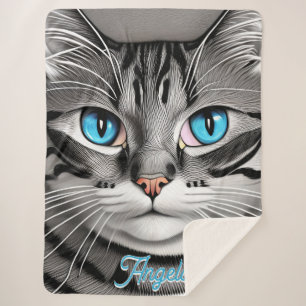 Turquoise Eyes Grey Cat Personalised Name Sherpa Blanket