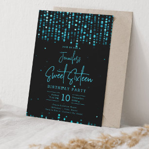 Turquoise Falling Stars Sweet 16 Birthday Party Invitation