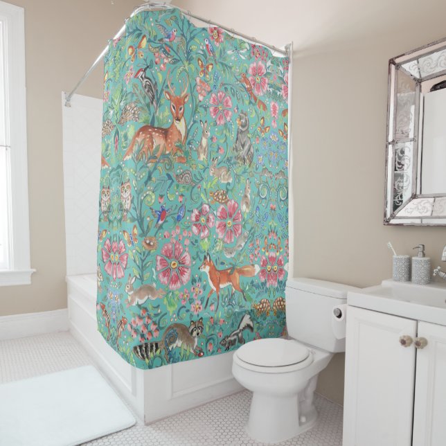 Turquoise Fantasy Forest Woodland Animal Pretty Shower Curtain (In Situ)