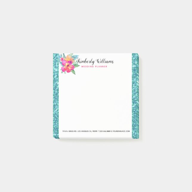 Turquoise Faux Glitter & Floral Bouquet Post-it Notes (Front)