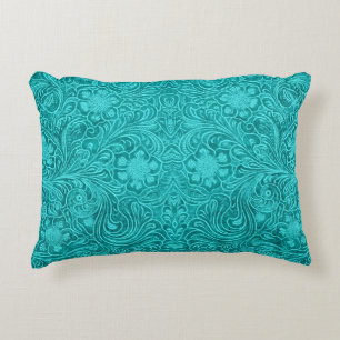 Turquoise Faux Leather Pattern-Embossed Floral Decorative Cushion