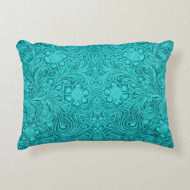 Turquoise Faux Leather Pattern-Embossed Floral Decorative Cushion (Front)