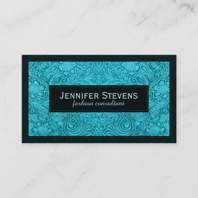 Turquoise Faux Suede Leather Floral Design Business Card (Front)