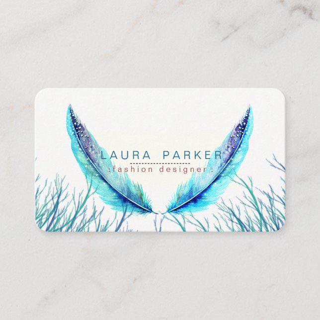 Turquoise Feathers Watercolor Boho Teal Beach Business Card (Front)