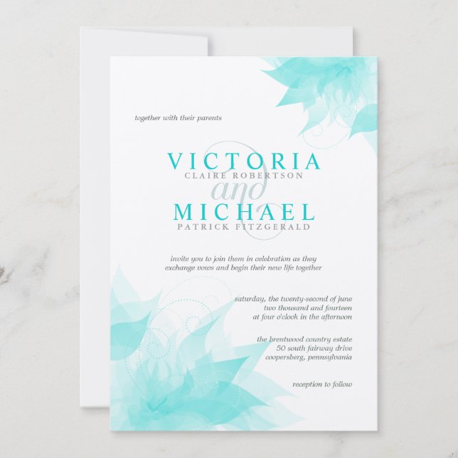 Turquoise Felt Floral Victorian Wedding Invitation (Front)