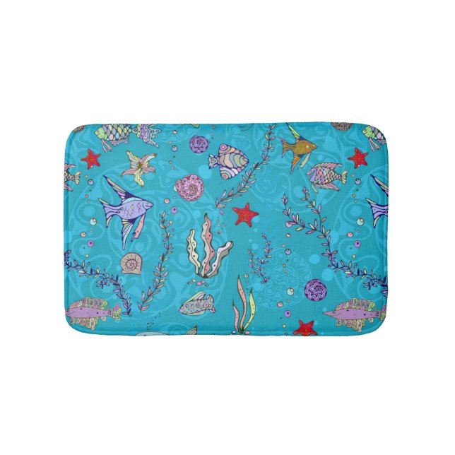 Turquoise Fish Pattern Bath Mat (Front)