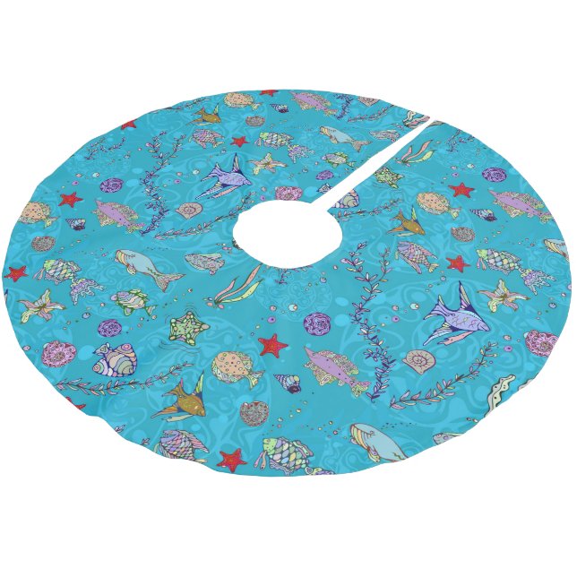 Turquoise Fish Pattern Brushed Polyester Tree Skirt (Angled)