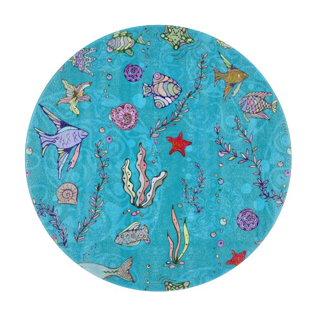 Turquoise Fish Pattern Cutting Board (Front)