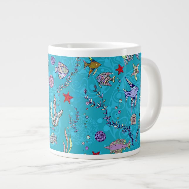Turquoise Fish Pattern Large Coffee Mug (Front Right)