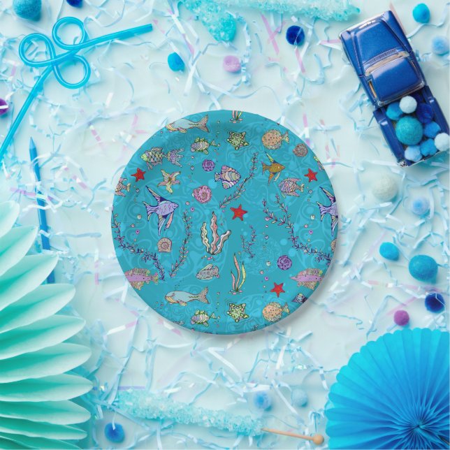 Turquoise Fish Pattern Paper Plate (Party)