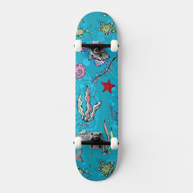 Turquoise Fish Pattern Skateboard (Front)