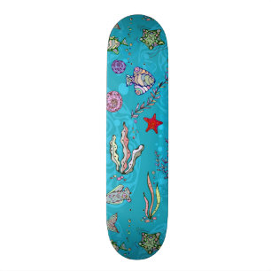 Turquoise Fish Pattern Skateboard