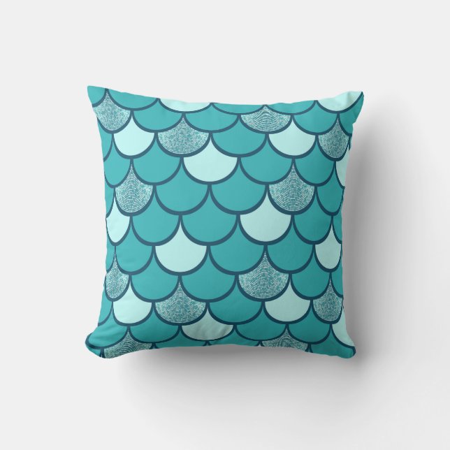 Turquoise  fish scale pattern with glitter effect cushion (Front)