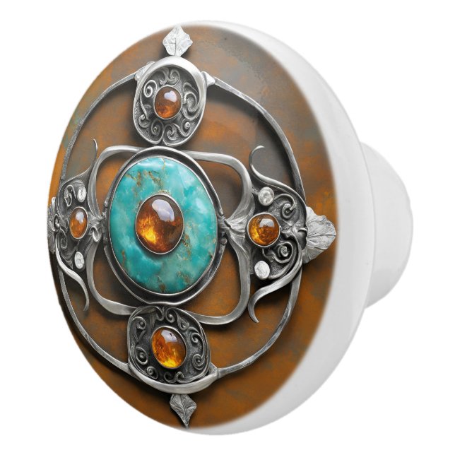 Turquoise Flame with Amber Core and Carved Silver Ceramic Knob (Right)