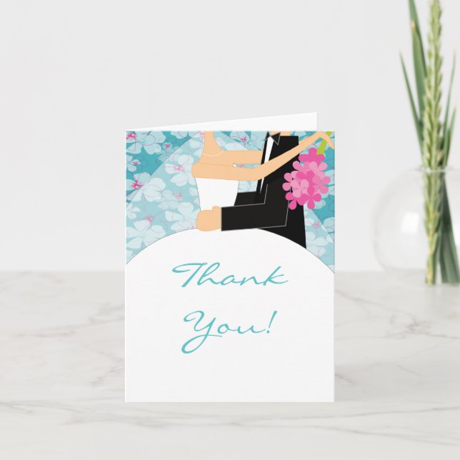 Turquoise Floral Bride & Groom Thank You Note Card (Front)