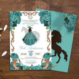 Turquoise Floral Charro Vestidos Quinceanera Invitation