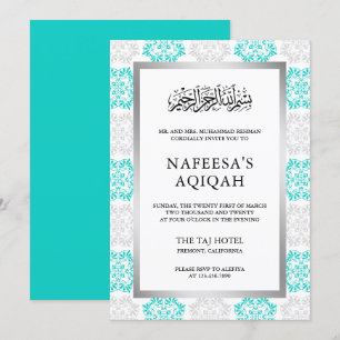 Turquoise Floral Damask Islamic Aqiqah Ceremony Invitation