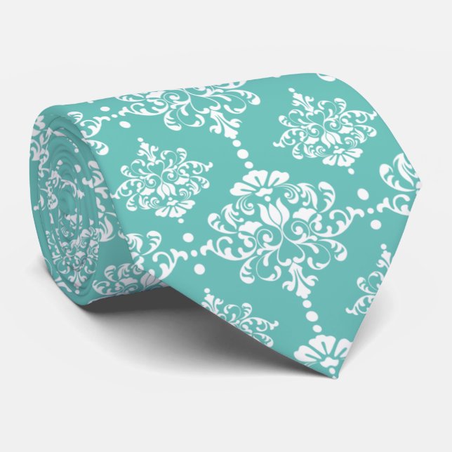 Turquoise Floral Damask Pattern Groomsmen Wedding Tie (Rolled)