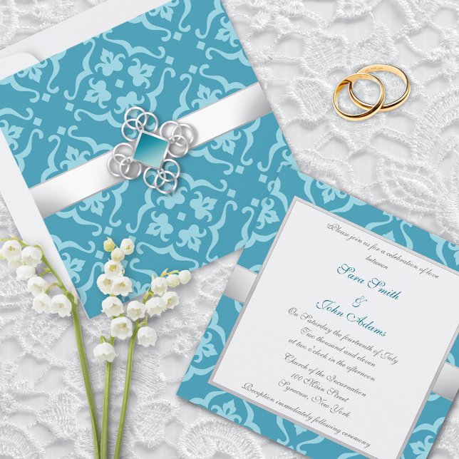 Turquoise Floral Damask Wedding Invitation (Creator Uploaded)