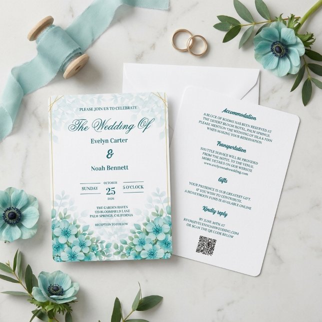 Turquoise Floral Elegance wedding Invitation (Creator Uploaded)