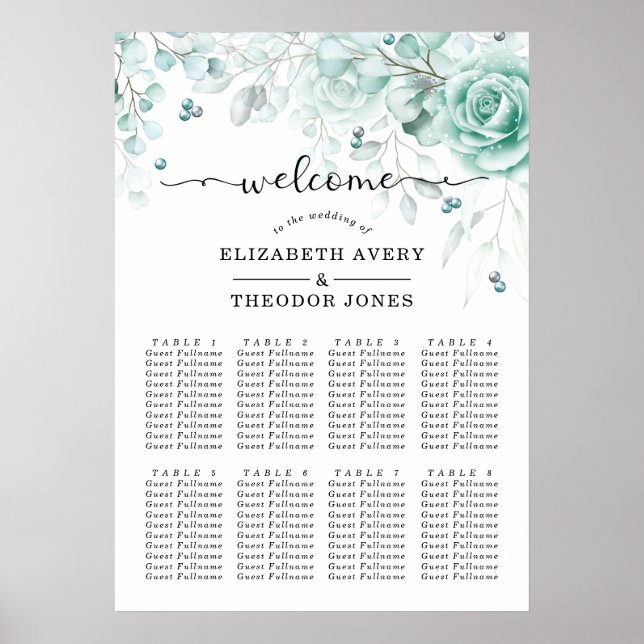 Turquoise Floral Elegant Wedding Poster (Front)
