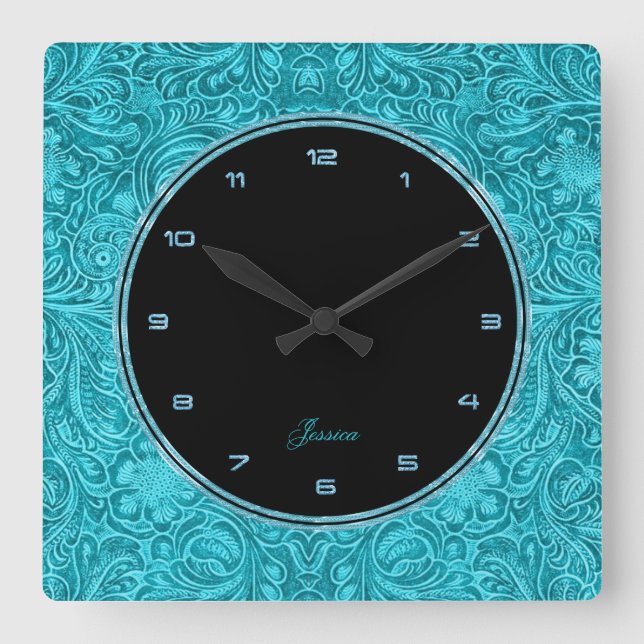Turquoise Floral Faux Leather Embossed Look 2 Square Wall Clock (Front)