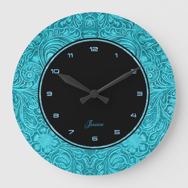 Turquoise Floral Faux Leather Embossed Look Large Clock (Front)