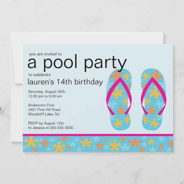 Turquoise Floral Flip Flops Pool Party Invitation (Front)