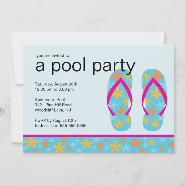 Turquoise Floral Flip Flops Pool Party Invitation (Front)