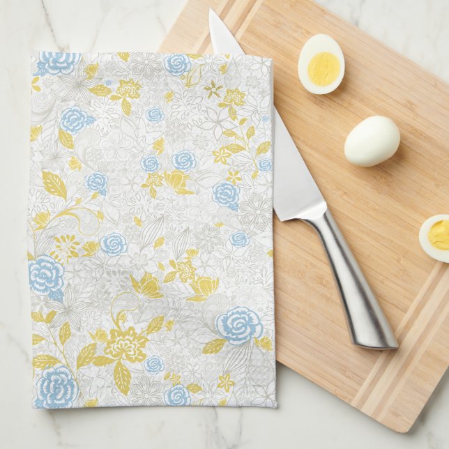 Turquoise Floral Flower Seamless Pattern Tea Towel (Quarter Fold)