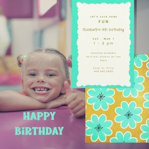 Turquoise Floral Girl Birthday Party Invitation
