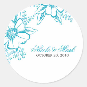 Turquoise Floral Letterpress Style Wedding Classic Round Sticker