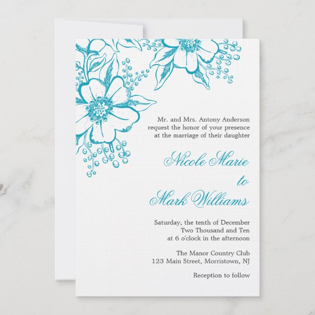 Turquoise Floral Letterpress Style Wedding Invitation (Front)