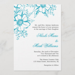 Turquoise Floral Letterpress Style Wedding Invitation