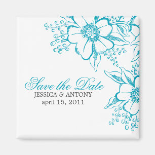 Turquoise Floral Letterpress Style Wedding Magnet