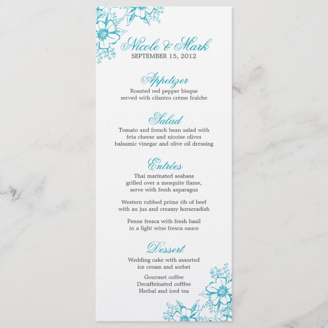 Turquoise Floral Letterpress Style Wedding Menu (Front)