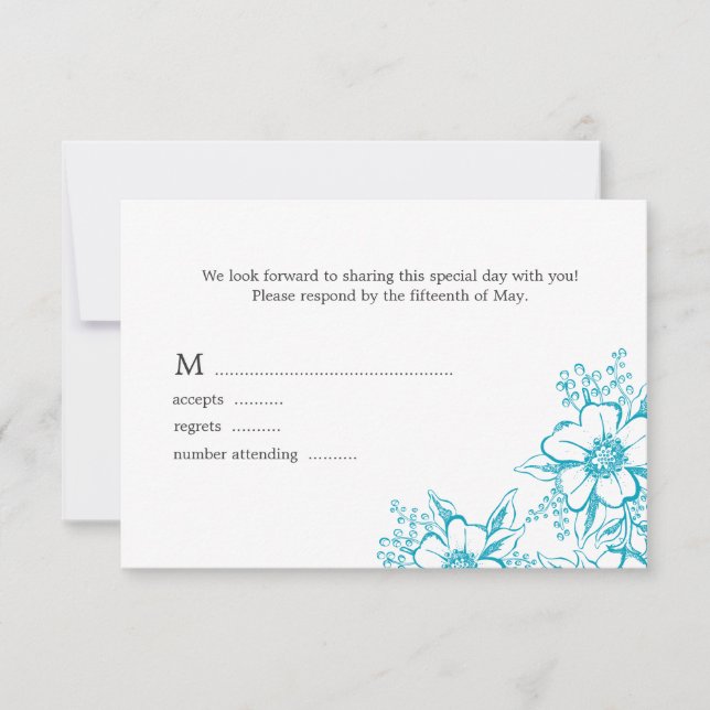 Turquoise Floral Letterpress Style Wedding RSVP Card (Front)
