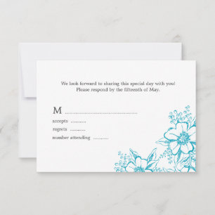 Turquoise Floral Letterpress Style Wedding RSVP Card