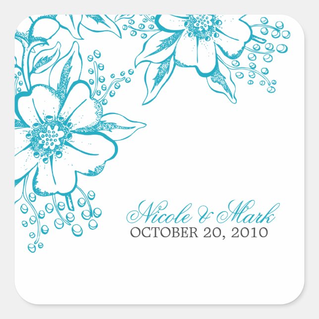 Turquoise Floral Letterpress Style Wedding Square Sticker (Front)