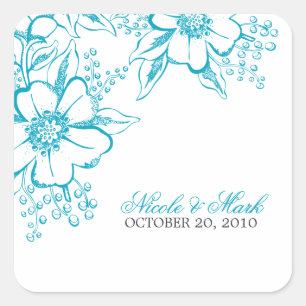 Turquoise Floral Letterpress Style Wedding Square Sticker