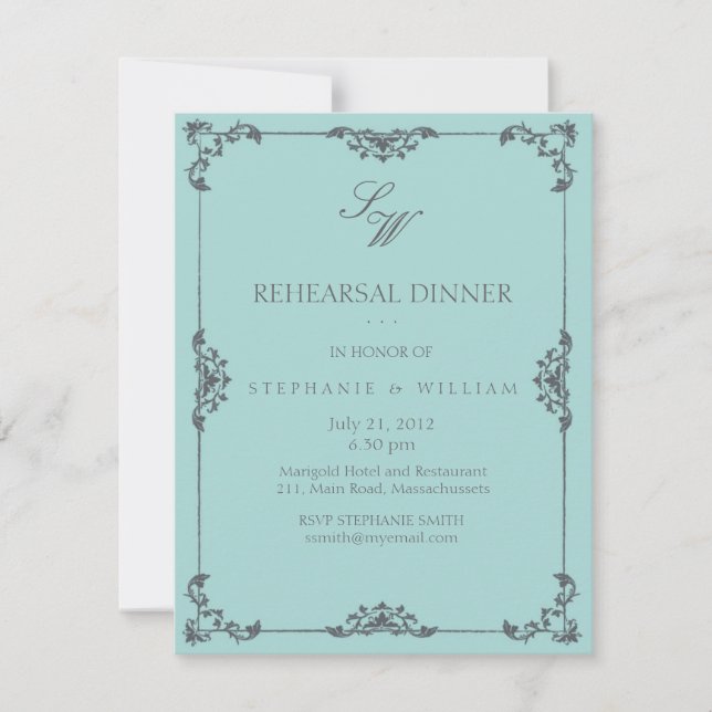 Turquoise Floral Monogram Rehearsal Dinner Card (Front)