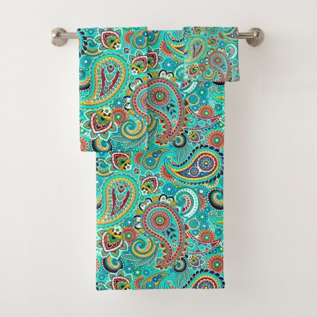 Turquoise Floral Paisley Bath Towel Set (Insitu)
