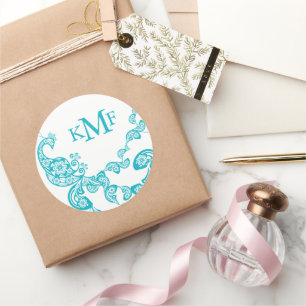 Turquoise Floral Paisley Peacock Wedding Favour Classic Round Sticker