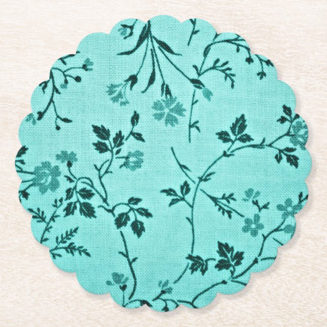 Turquoise floral pattern paper coaster (Front)
