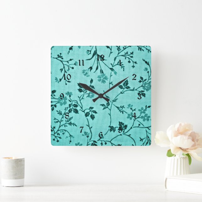 Turquoise floral pattern square wall clock (Home)