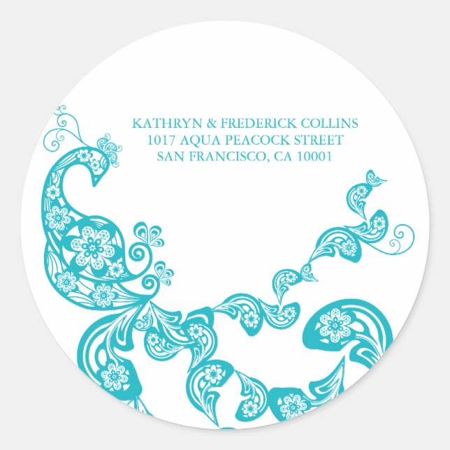 Turquoise Floral Peacock Address Label Sticker (Front)