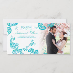 Turquoise Floral Peacock Elegant Photo Wedding Thank You Card